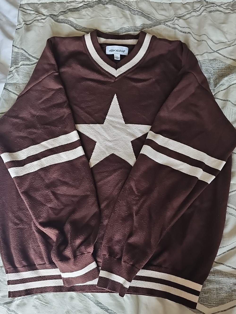 Brown V-Neck Sweater with Light Pink Star